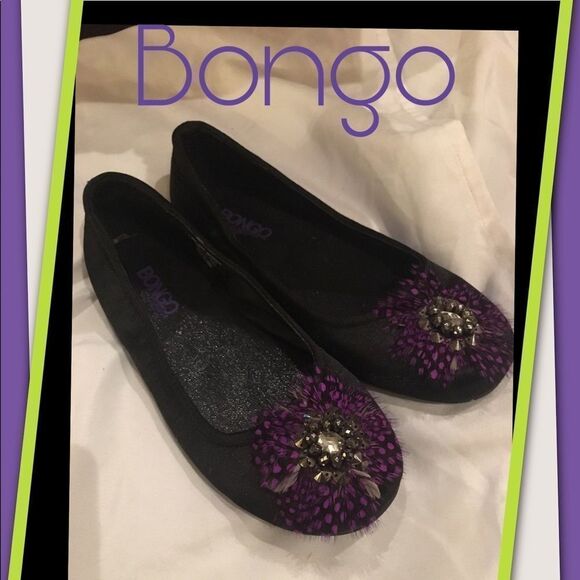 Bongo Black Slip-on Purple Feather Flats 2 - Picture 1 of 4